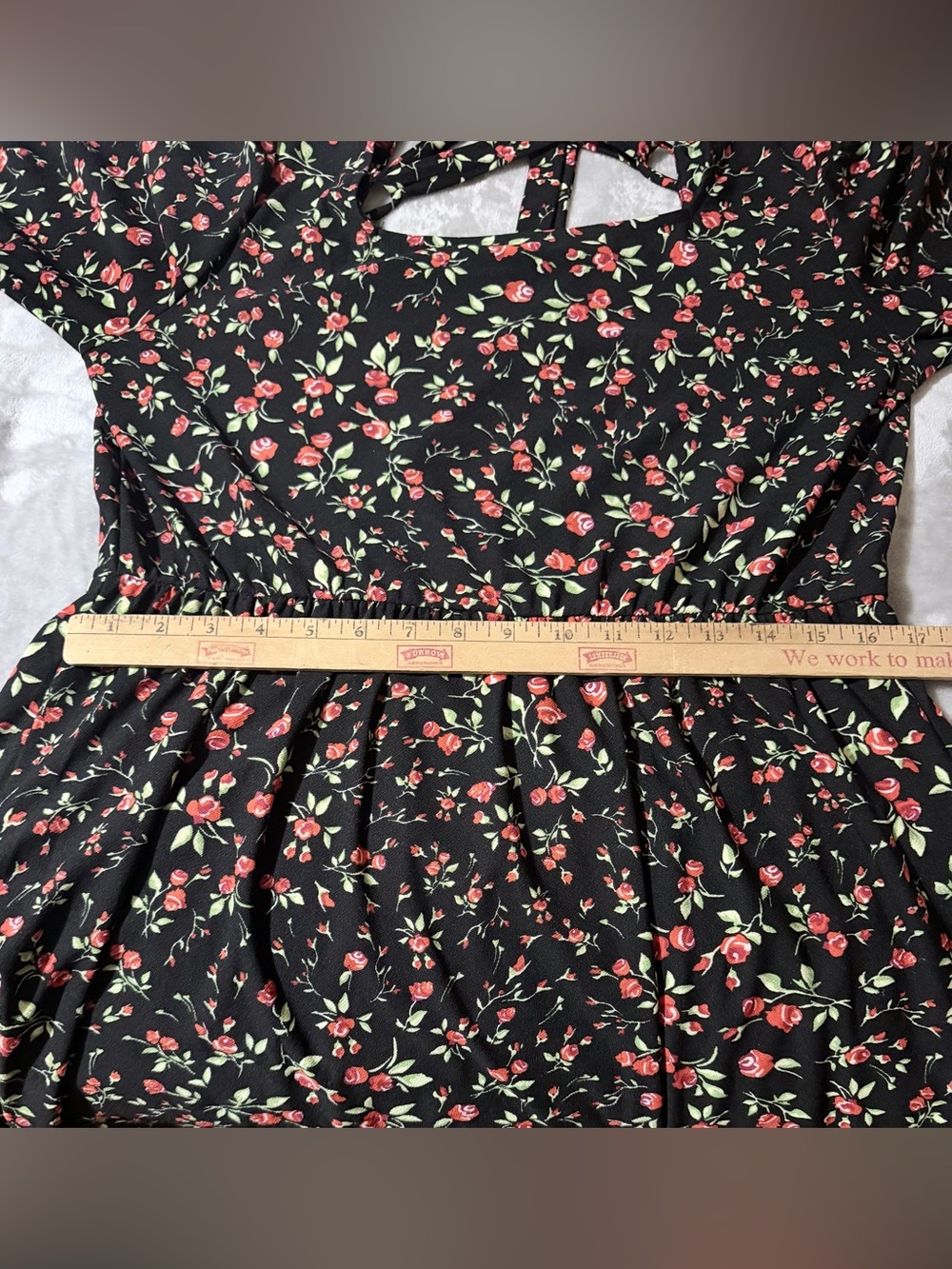 Black Floral Midi Dress with Crisscross Back, Elastic on waist. Size L - Picture 8 of 13